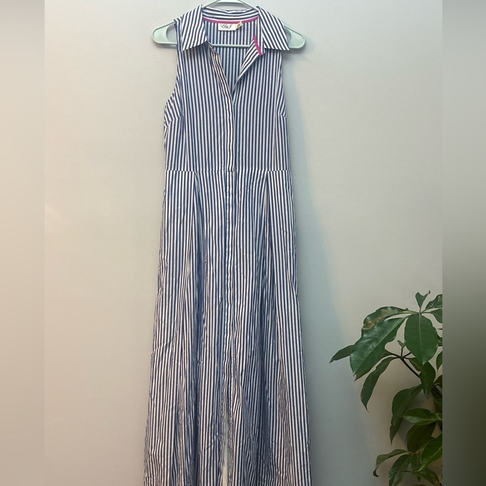 Eliza J women’s blue and white striped‎ sleeveless maxi button down dress sz 8